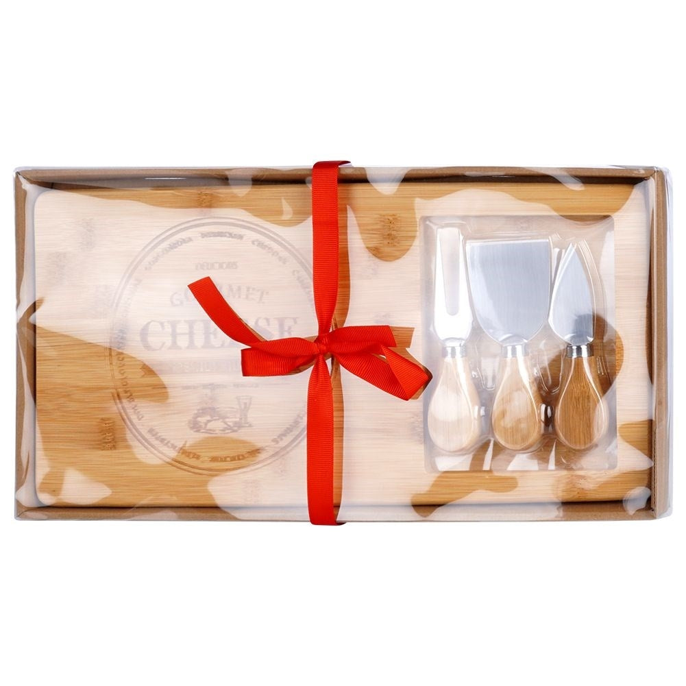 Cheese tray with accessories in bamboo and stainless steel