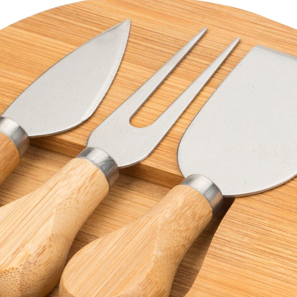 Cheese tray with bamboo cutting board and stainless accessories