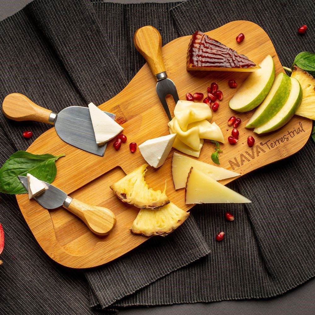 Cheese tray with bamboo cutting board and stainless accessories