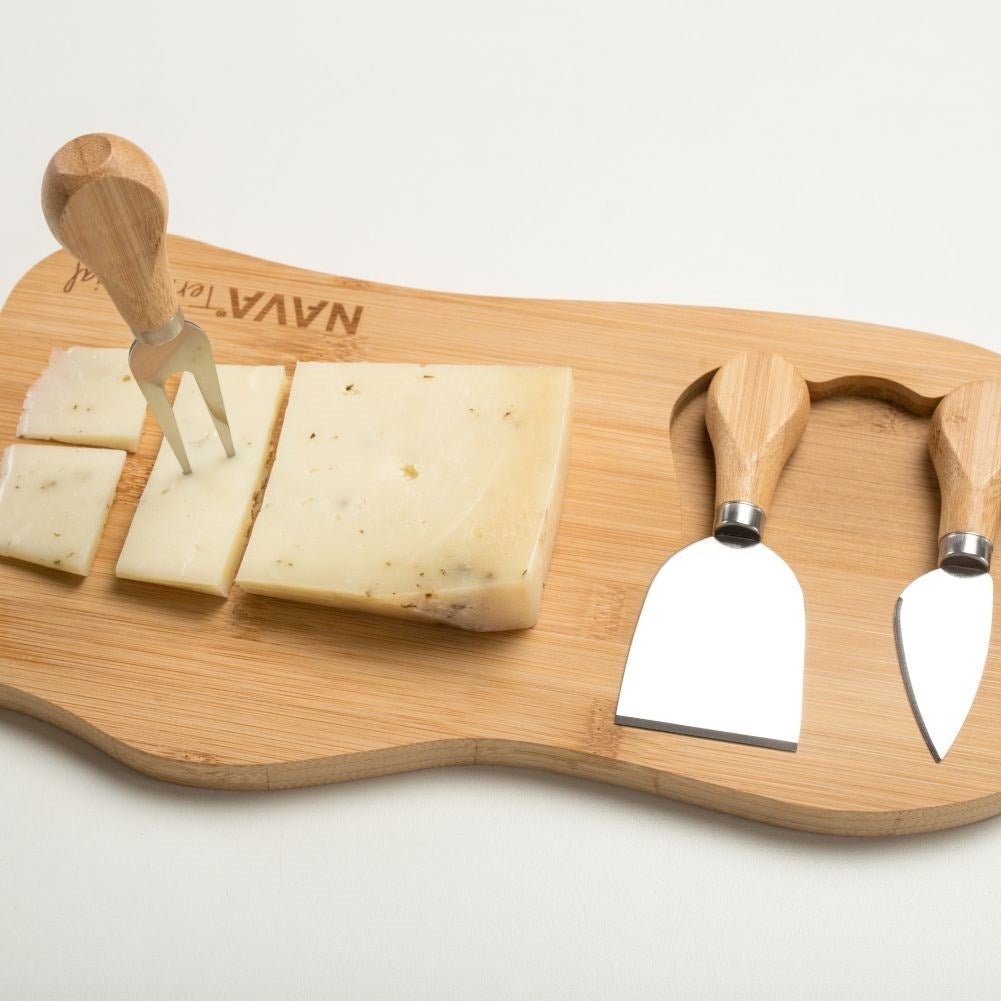 Cheese tray with bamboo cutting board and stainless accessories