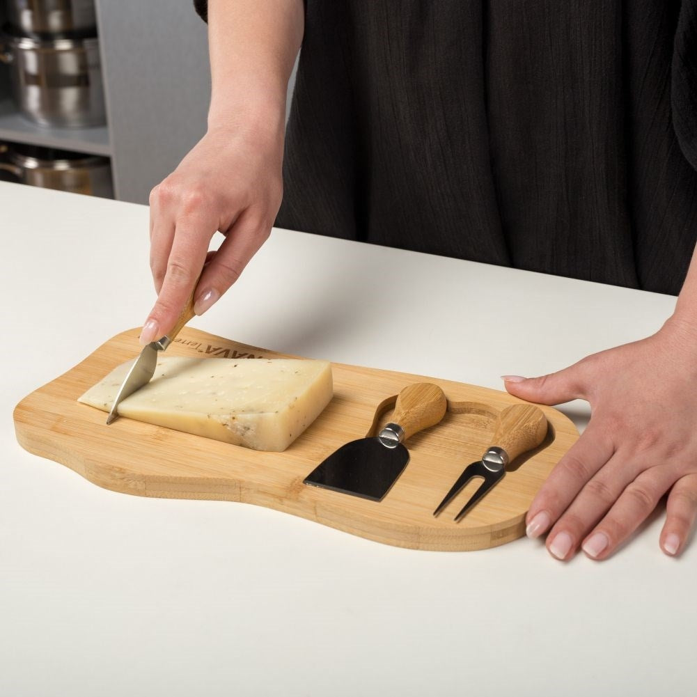 Cheese tray with bamboo cutting board and stainless accessories