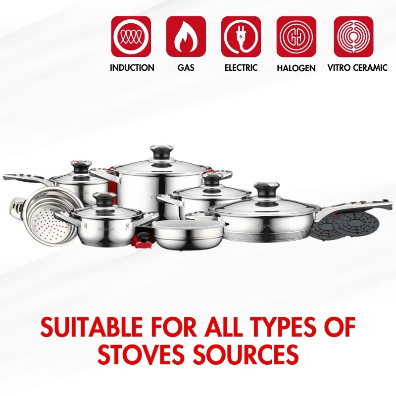 Cheffinger CF-1600S: 16 Pieces Stainless Steel (Inox) Cookware Set