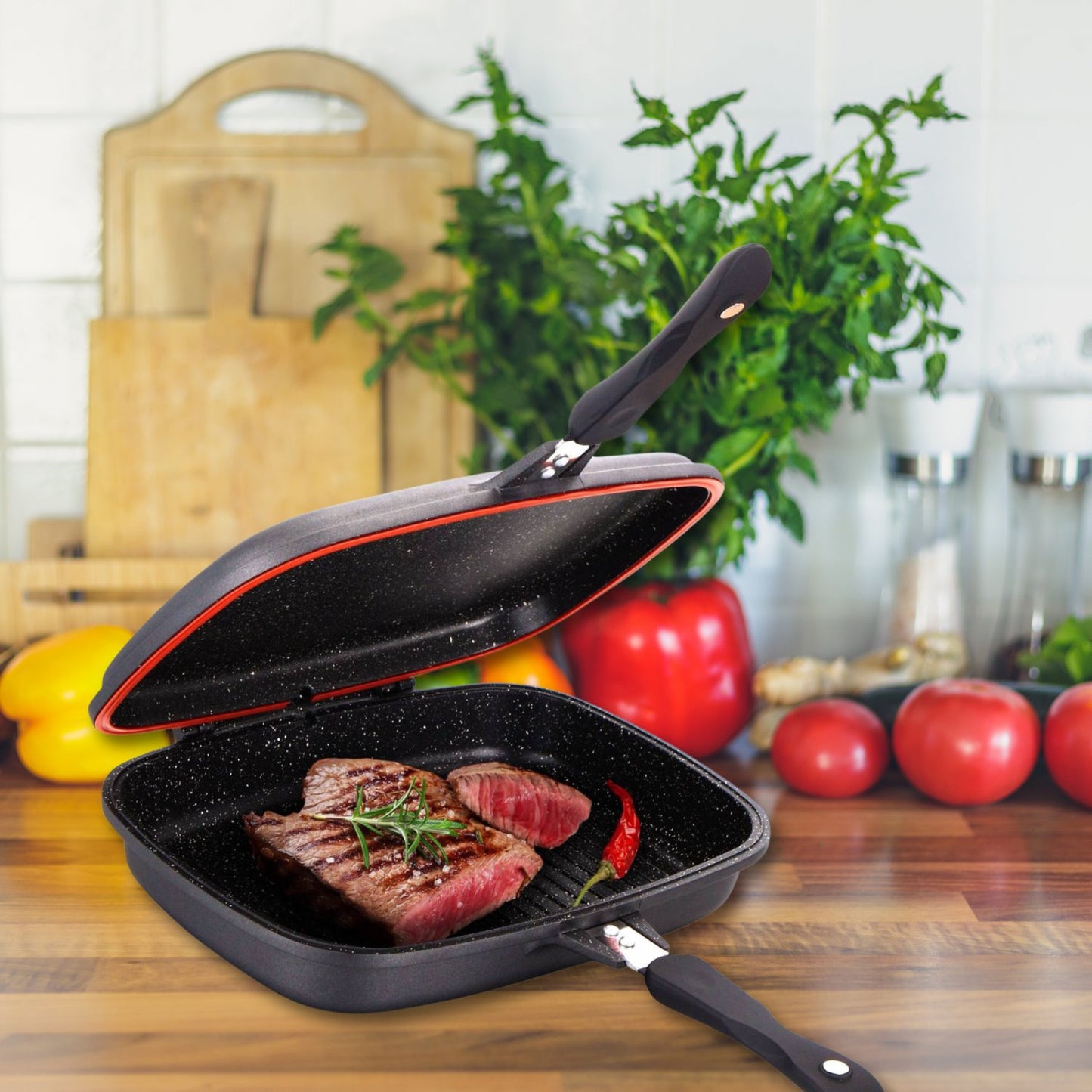 Cheffinger CF-DG32: Marble Coated Reversible Double Grill Pan - 32cm Black