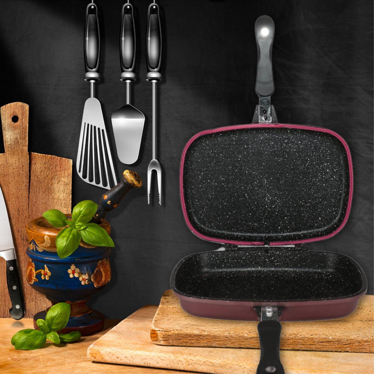 Cheffinger CF-DG32: Marble Coated Reversible Double Grill Pan - 32cm Black