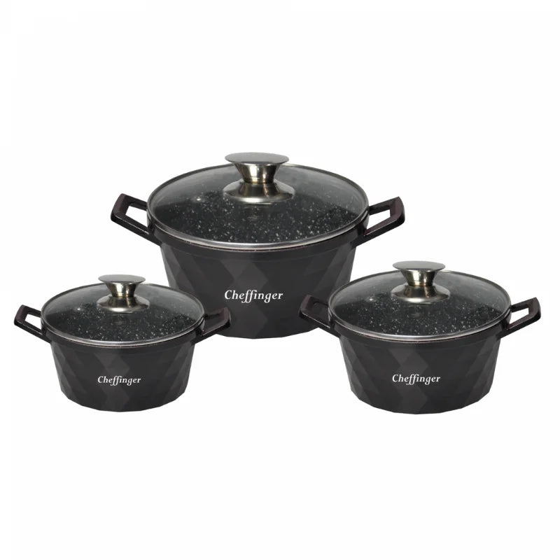 Cheffinger CF-DIAC03: 6 Pieces Diamond Casserole Pot Set - 20cm,24cm,28CM Black