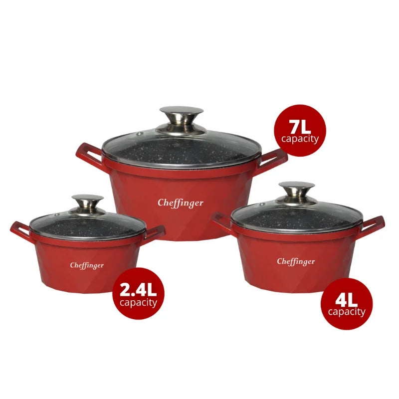 Cheffinger CF-DIAC03: 6 Pieces Diamond Casserole Pot Set - 20cm,24cm,28CM Black