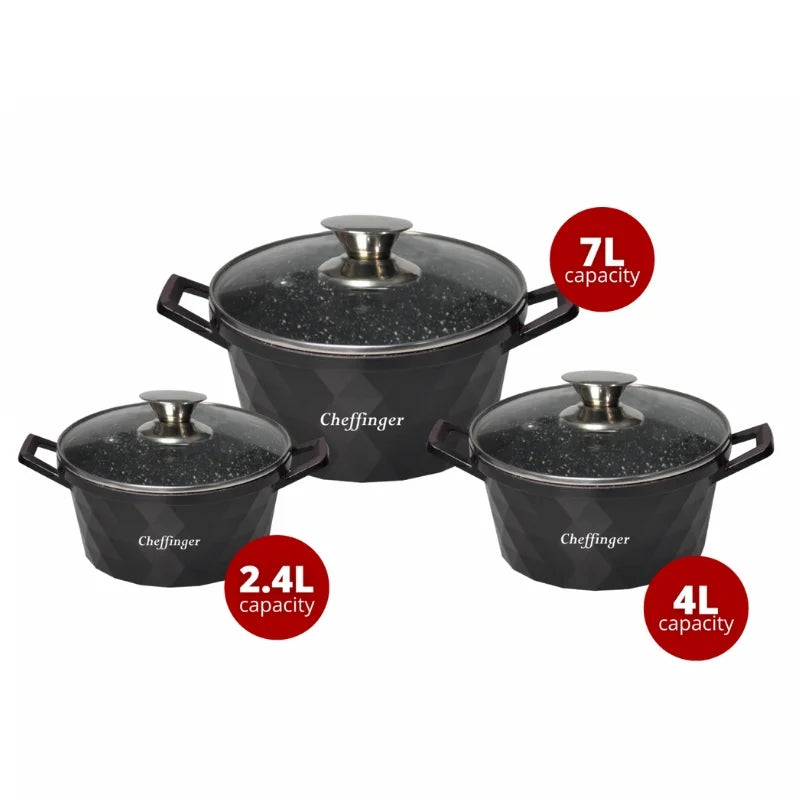 Cheffinger CF-DIAC03: 6 Pieces Diamond Casserole Pot Set - 20cm,24cm,28CM Black