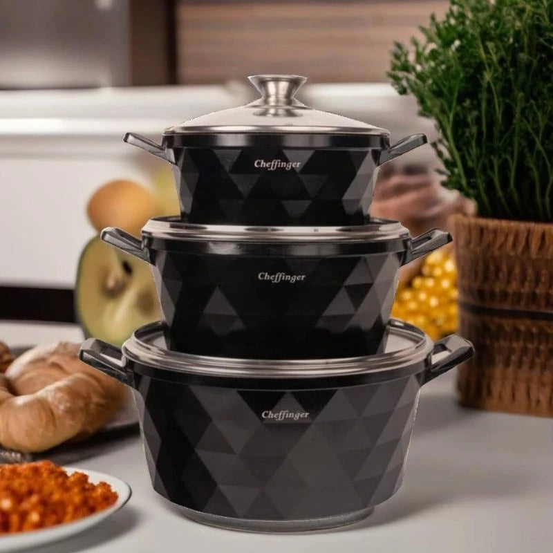 Cheffinger CF-DIAC03: 6 Pieces Diamond Casserole Pot Set - 20cm,24cm,28CM Black