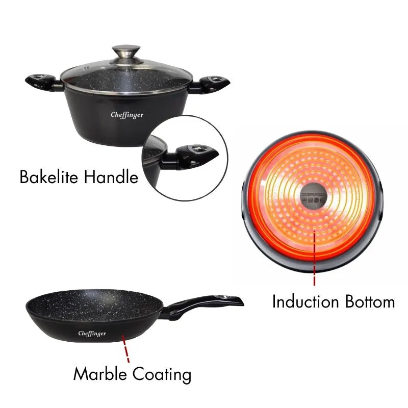 Cheffinger CF-FA1010: 10 Pieces Marble Coated Cookware Set Gray