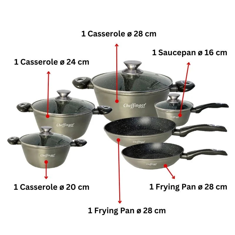 Cheffinger CF-FA1010: 10 Pieces Marble Coated Cookware Set Gray