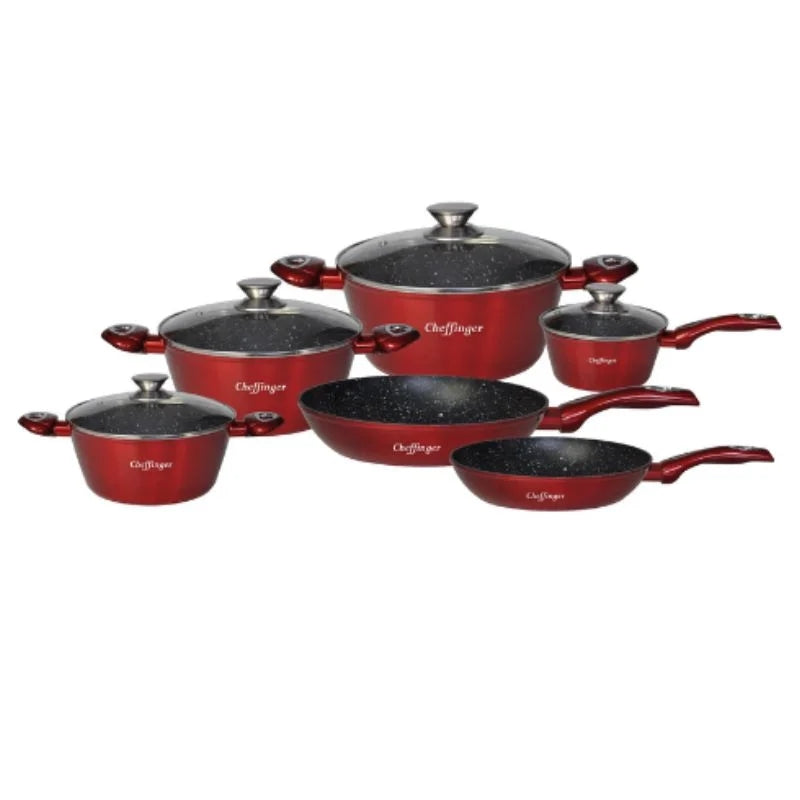 Cheffinger CF-FA1010: 10 Pieces Marble Coated Cookware Set Gray