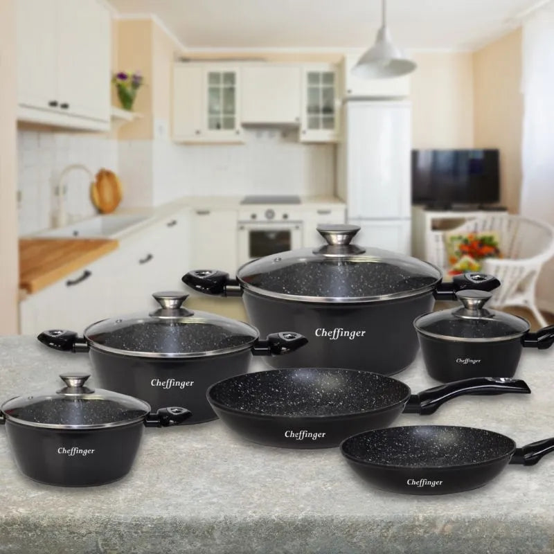 Cheffinger CF-FA1010: 10 Pieces Marble Coated Cookware Set Gray