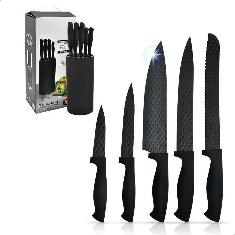 Cheffinger CF-JJ06: 6 Pieces Non-Stick Kitchen Knife Set with Diamond Design - Black