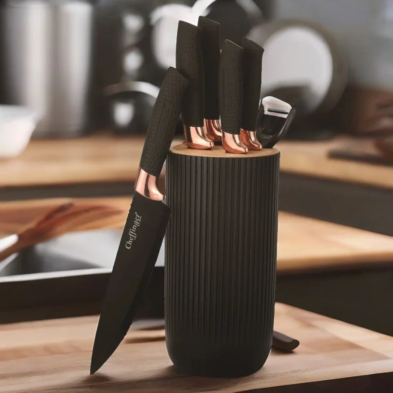 Cheffinger CF-KB01: 7 Pieces Knife Set - Black with Rose Gold Trim