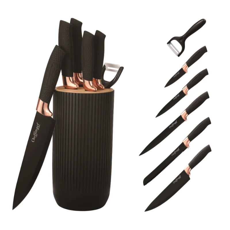 Cheffinger CF-KB01: 7 Pieces Knife Set - Black with Rose Gold Trim