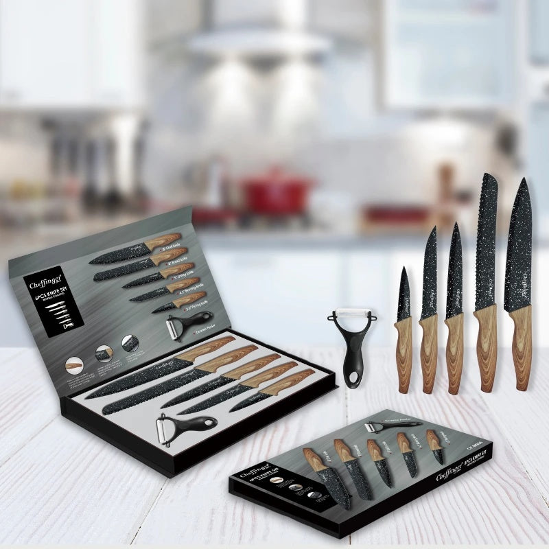 Cheffinger CF-MB06: 6 Pieces Marble Coated Knife Set with Wood Design