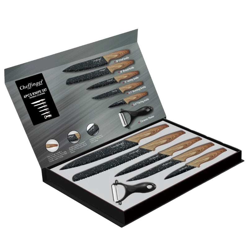 Cheffinger CF-MB06: 6 Pieces Marble Coated Knife Set with Wood Design