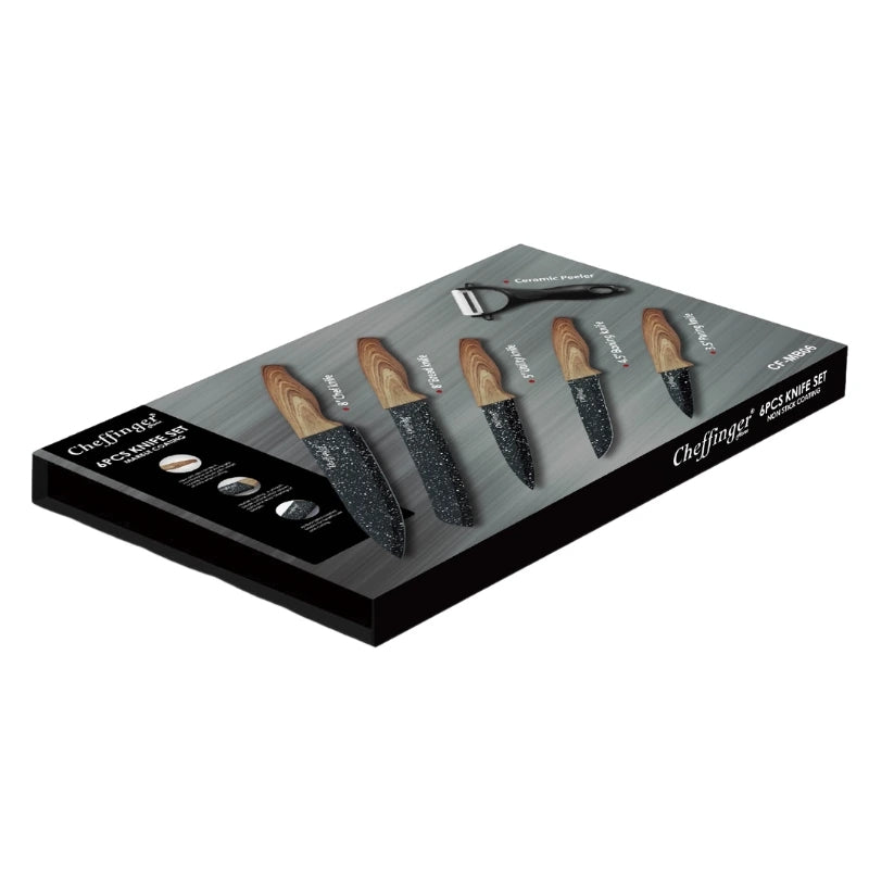 Cheffinger CF-MB06: 6 Pieces Marble Coated Knife Set with Wood Design