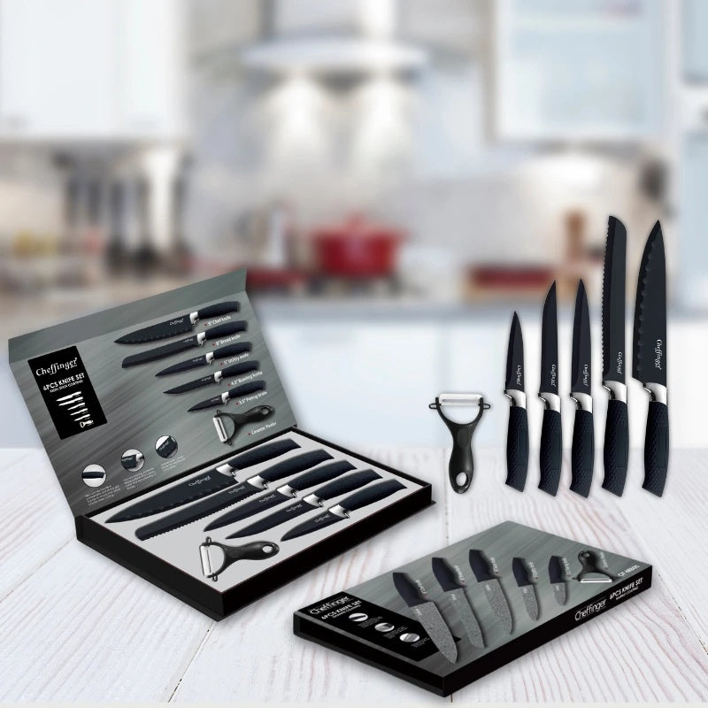 Cheffinger CF-MB07: 6 Pieces Marble Coated Knife Set in Jet Black