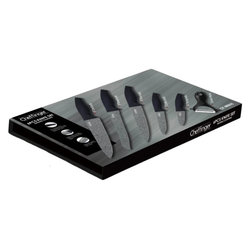 Cheffinger CF-MB07: 6 Pieces Marble Coated Knife Set in Jet Black
