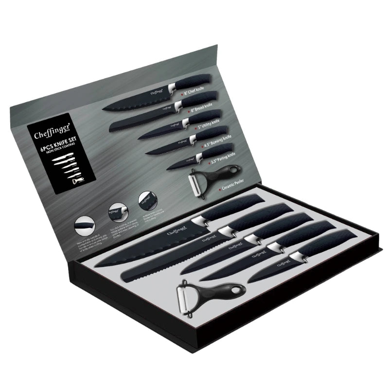 Cheffinger CF-MB07: 6 Pieces Marble Coated Knife Set in Jet Black