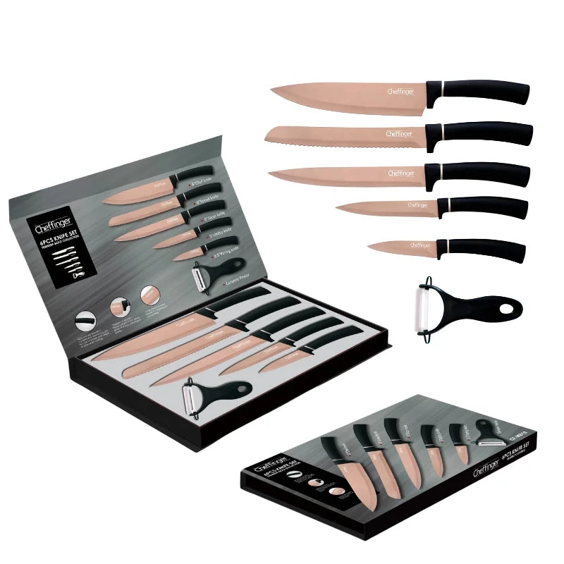 Cheffinger CF-MB12: 6 Pieces Marble Coated Knife Set - Titanium Gold Collection + Black
