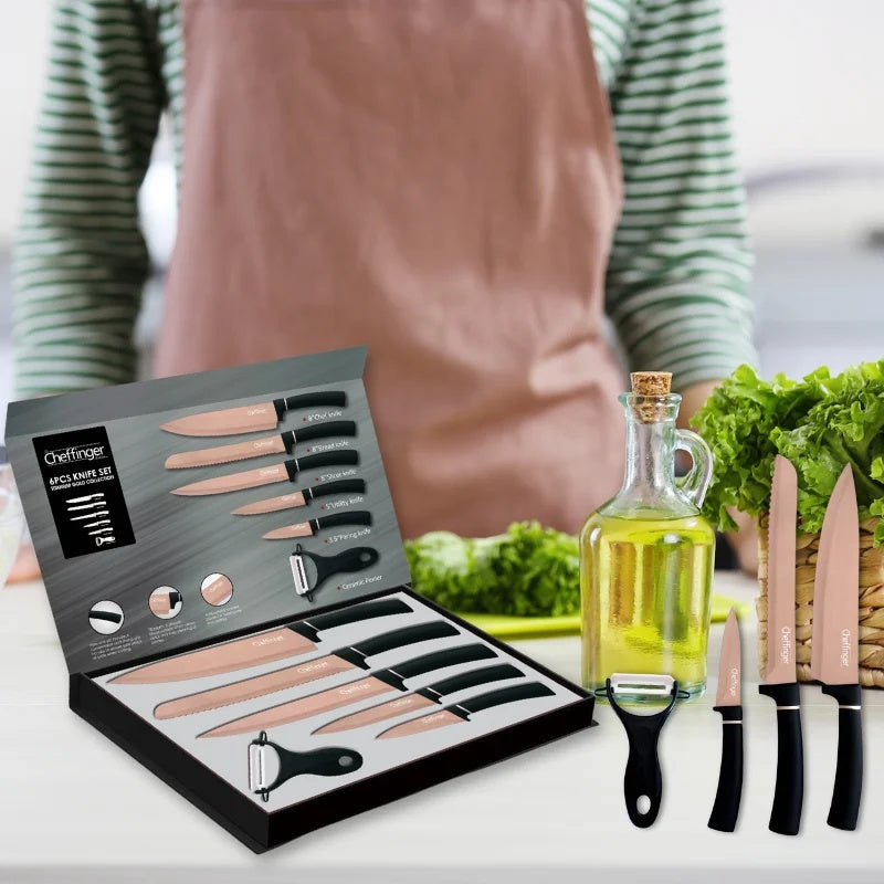 Cheffinger CF-MB12: 6 Pieces Marble Coated Knife Set - Titanium Gold Collection + Black
