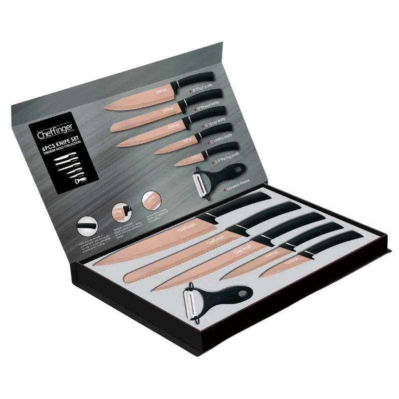 Cheffinger CF-MB12: 6 Pieces Marble Coated Knife Set - Titanium Gold Collection + Black