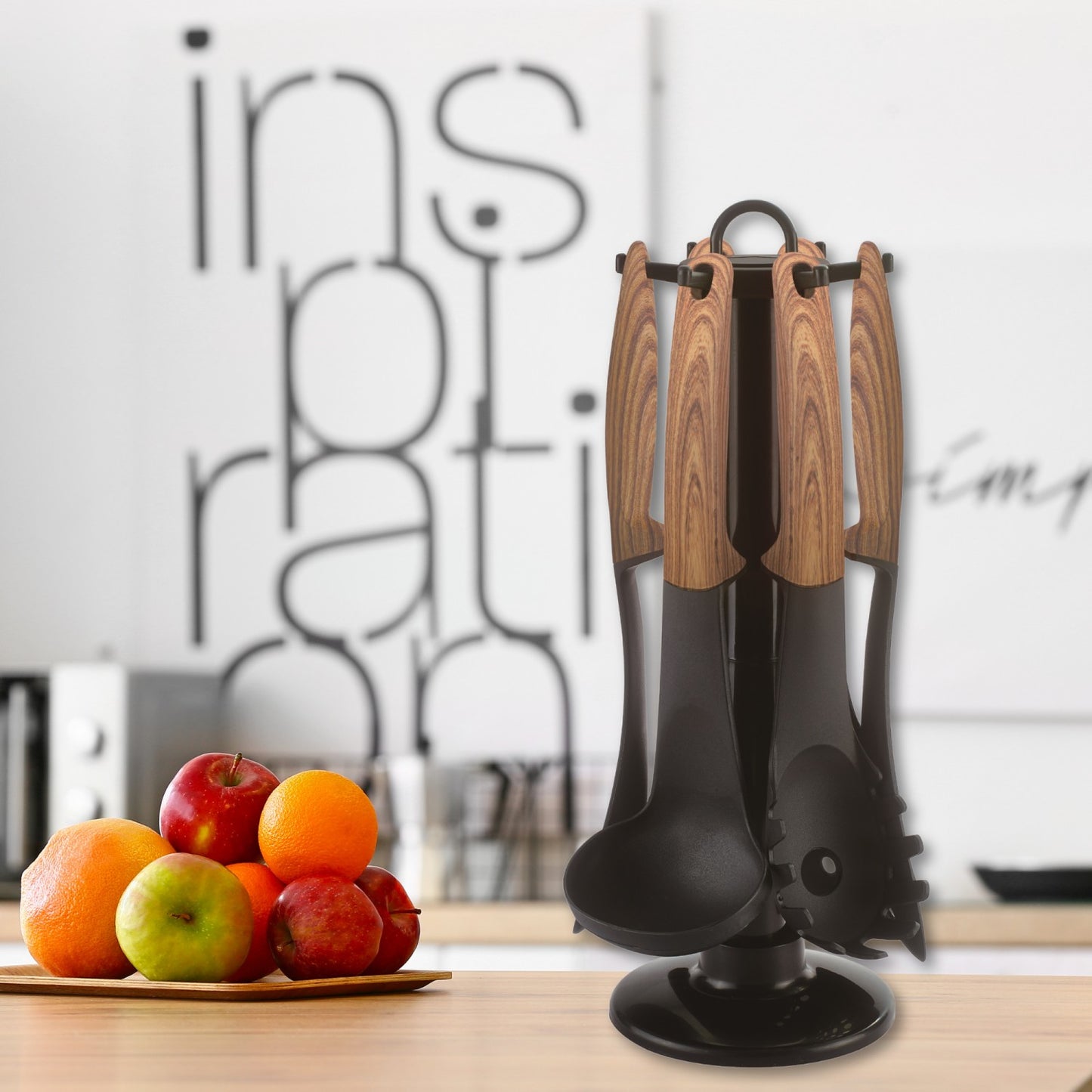 Cheffinger CF-UT02: 6 Pieces Utensil Set with Rotating Stand - Wood