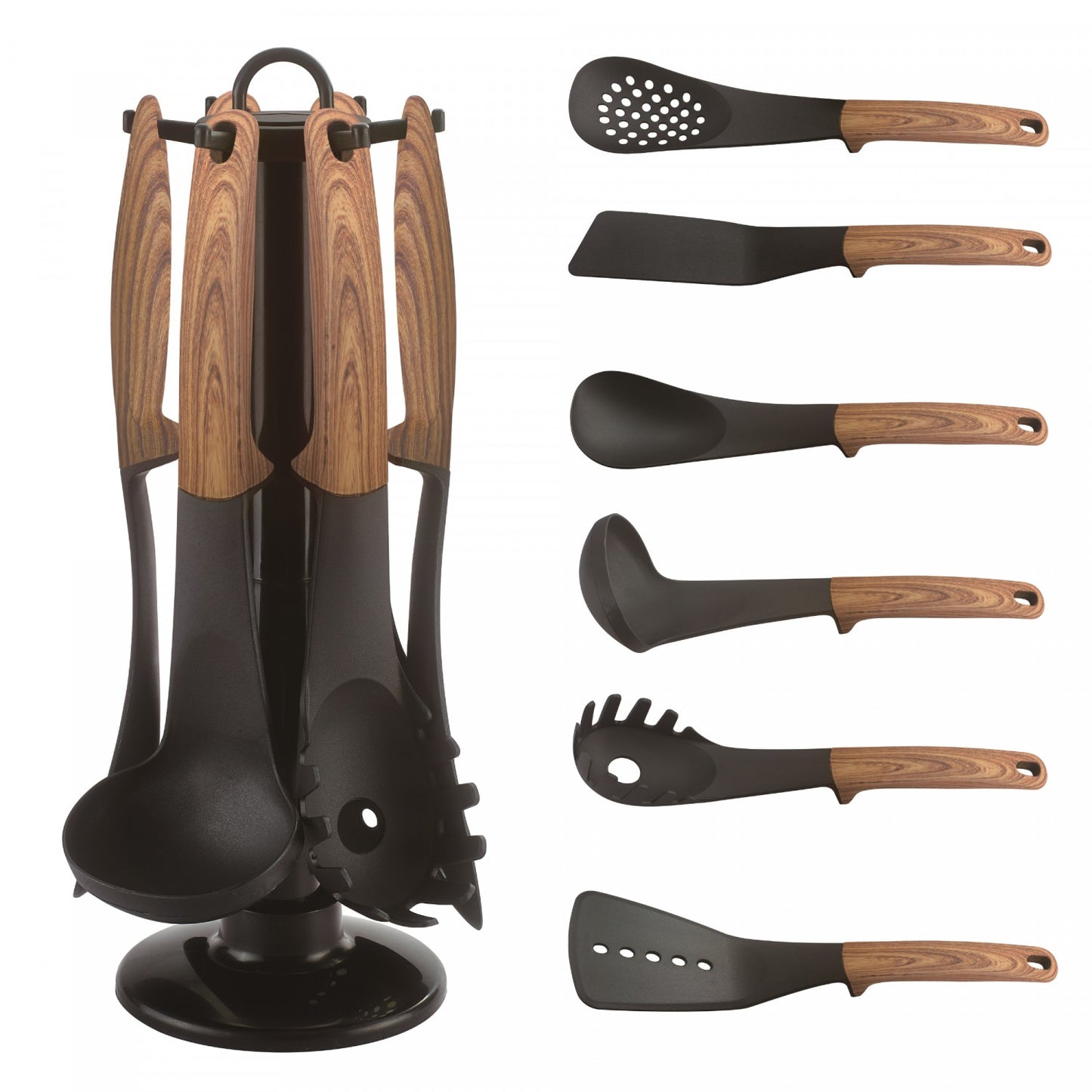 Cheffinger CF-UT02: 6 Pieces Utensil Set with Rotating Stand - Wood