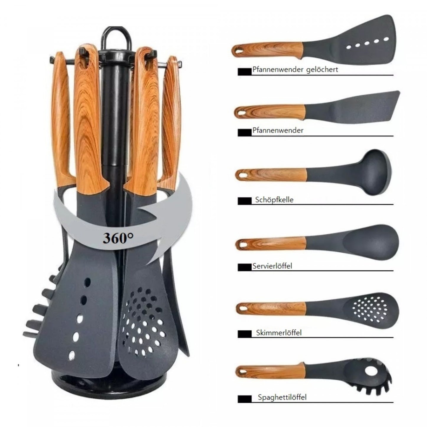 Cheffinger CF-UT02: 6 Pieces Utensil Set with Rotating Stand - Wood