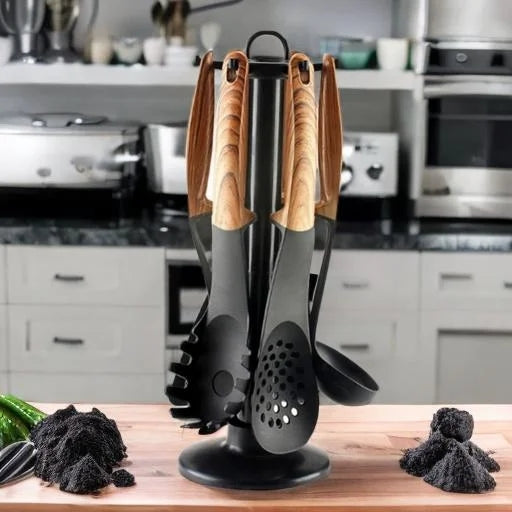 Cheffinger CF-UT02: 6 Pieces Utensil Set with Rotating Stand - Wood