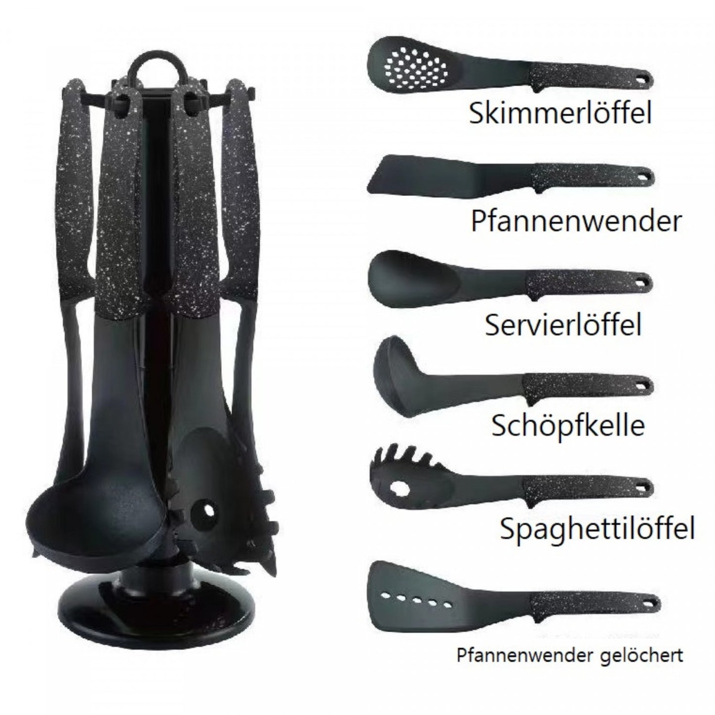 Cheffinger CF-UT03: 6 Pieces Utensil Set with Rotating Stand - Black
