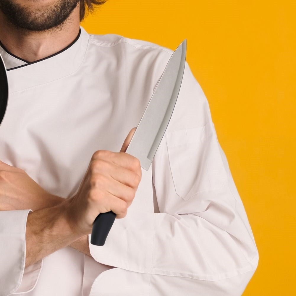 Chef's knife: Stainless steel, non-slip grip, versatile.