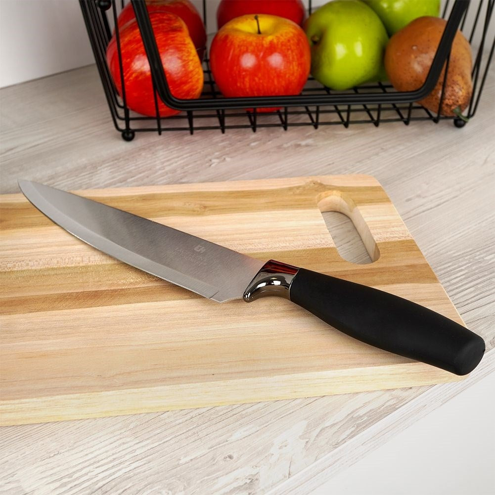 Chef's knife: Stainless steel, non-slip grip, versatile.