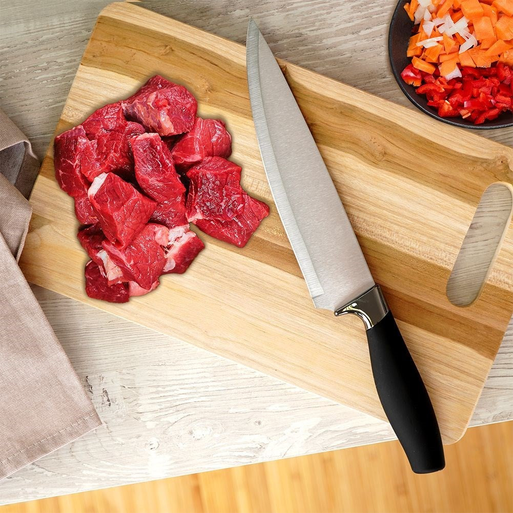 Chef's knife: Stainless steel, non-slip grip, versatile.