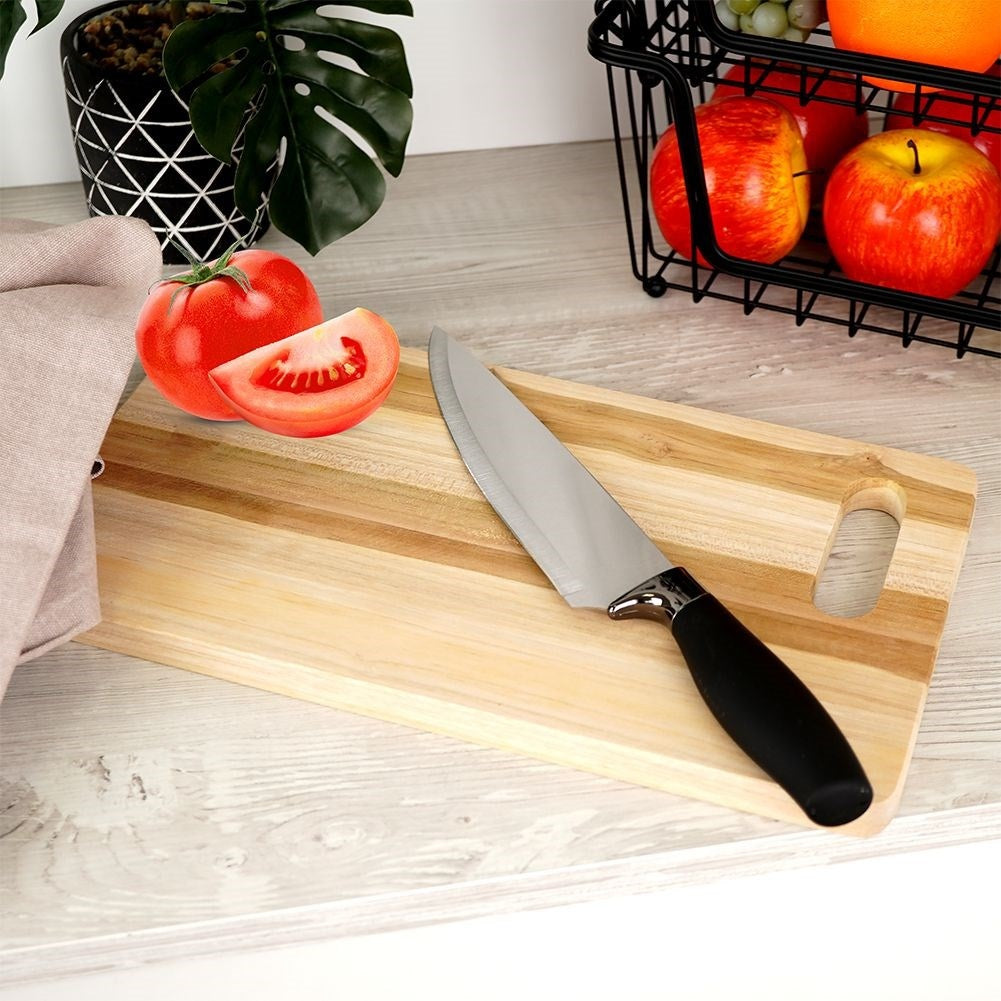 Chef's knife: Stainless steel, non-slip grip, versatile.