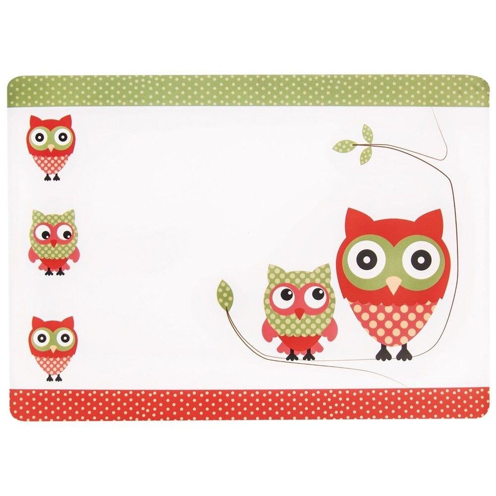 Child-friendly kitchen mat with colorful owl motifs