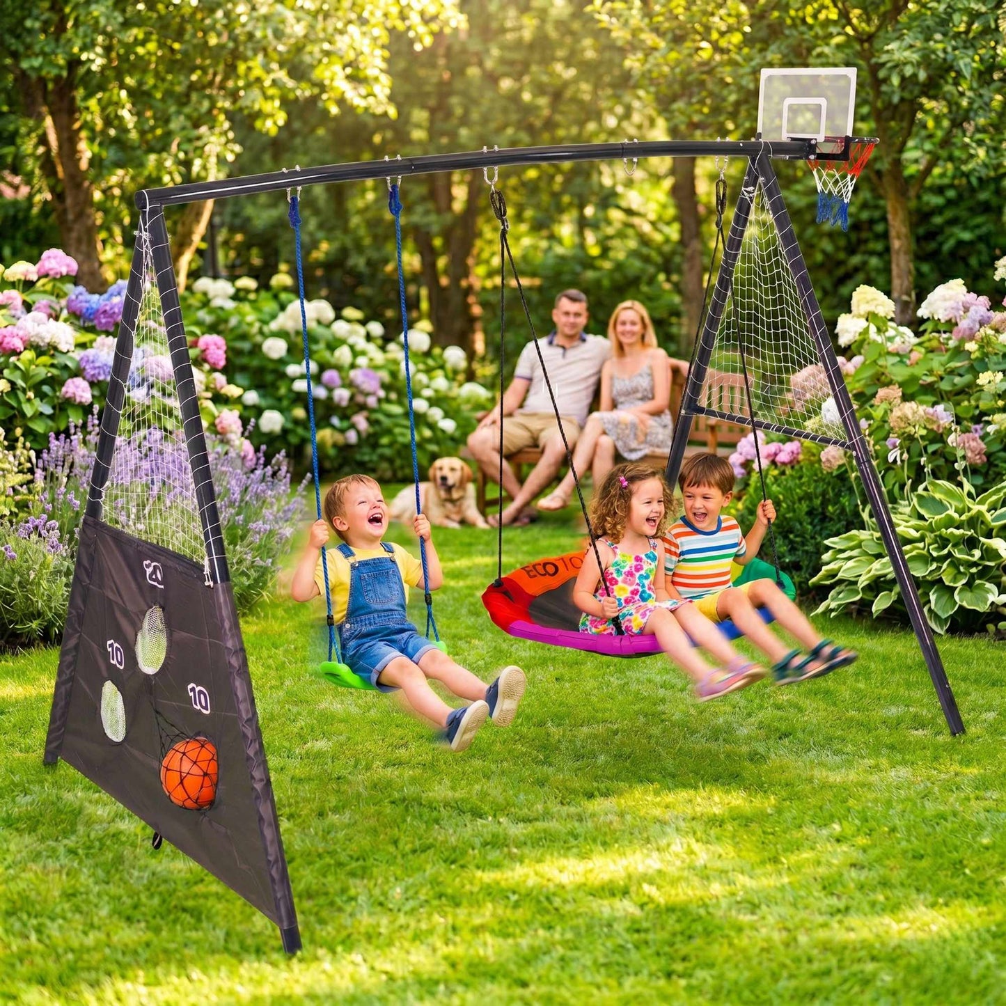 Children's 4-in-1 Garden Swing Set with Nest & Hoop