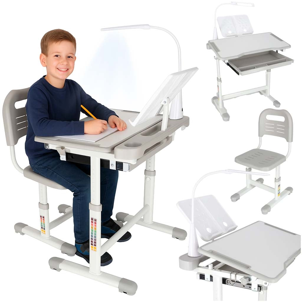 Children's Desk Set with Drawer, Chair & Lamp - Grey