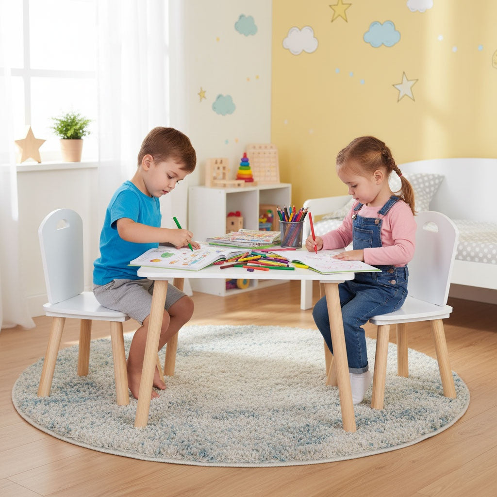 Children's Table and 2 Chairs Set, Wood & MDF, White