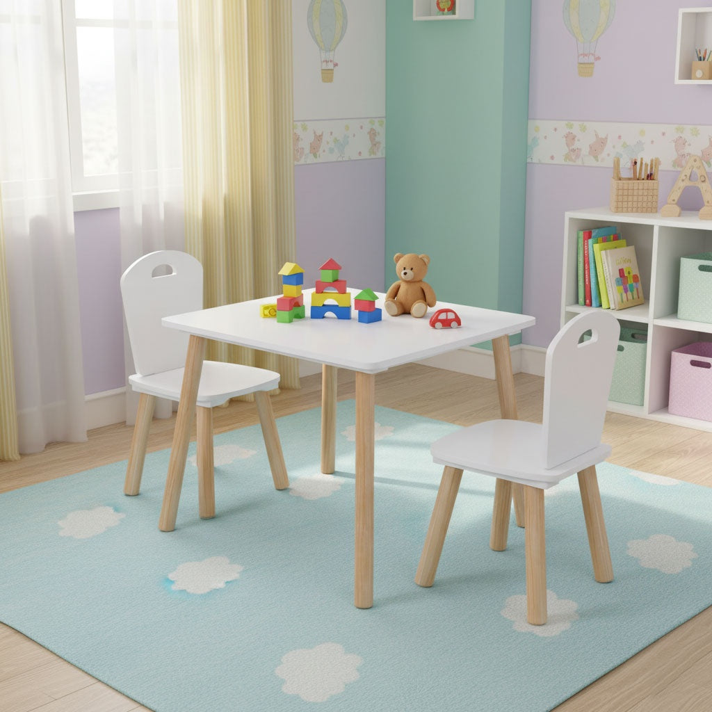 Children's Table and 2 Chairs Set, Wood & MDF, White