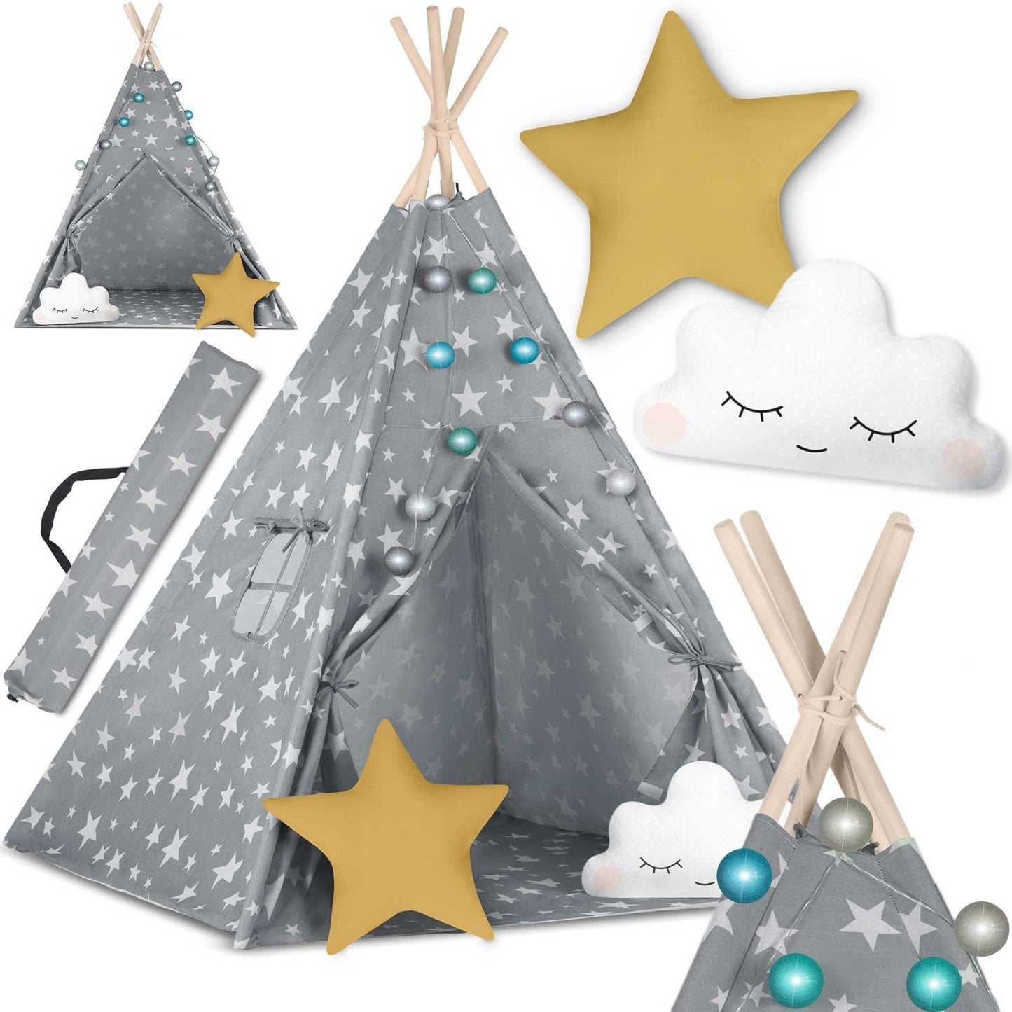 Children's Tipi Tent with Light String Nukido - Gray with Stars
