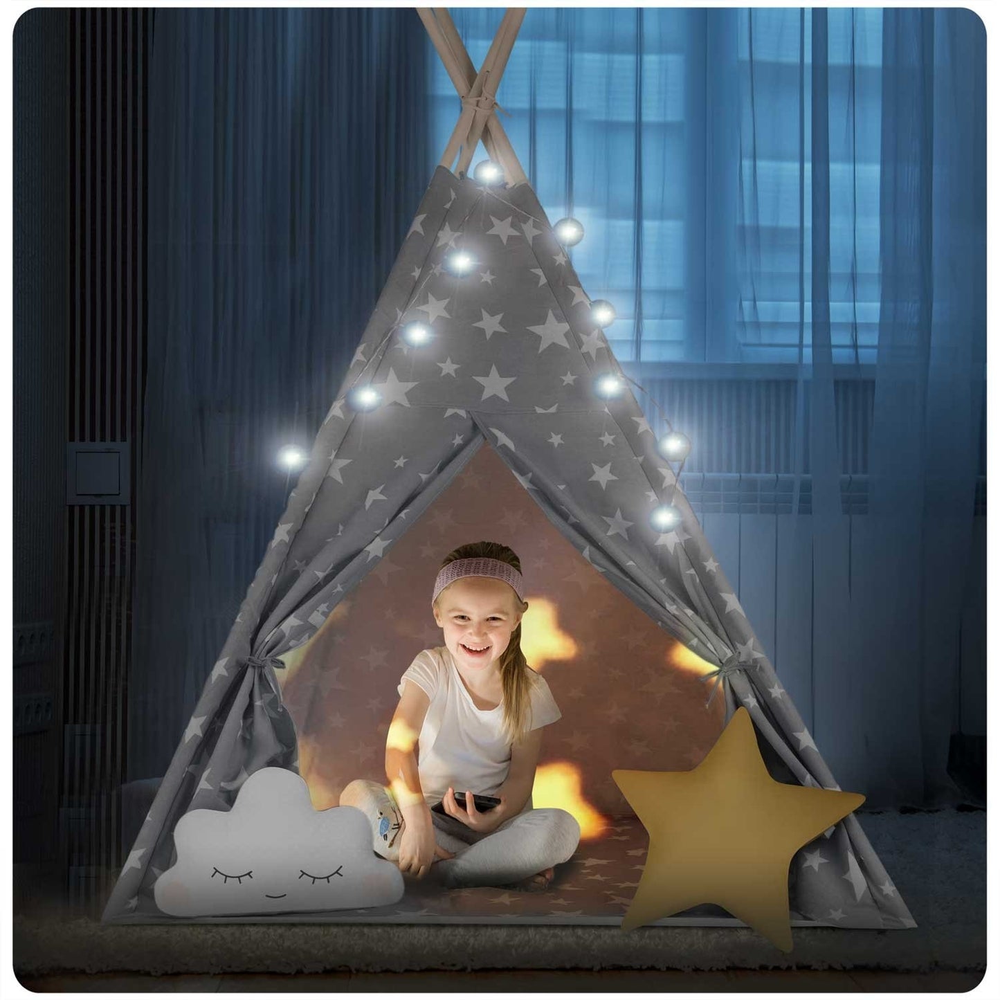 Children's Tipi Tent with Light String Nukido - Gray with Stars
