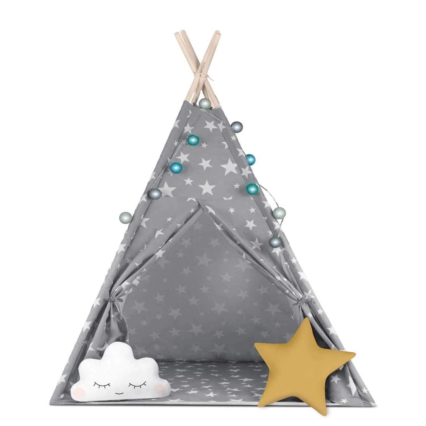 Children's Tipi Tent with Light String Nukido - Gray with Stars