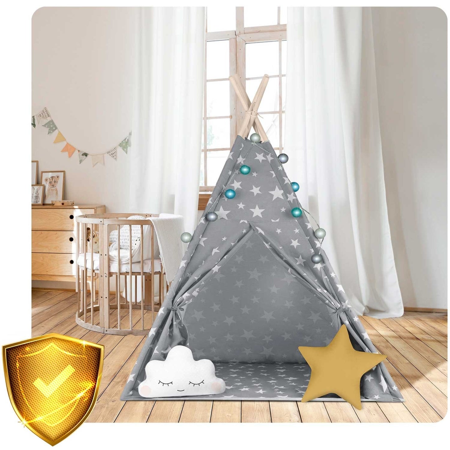 Children's Tipi Tent with Light String Nukido - Gray with Stars
