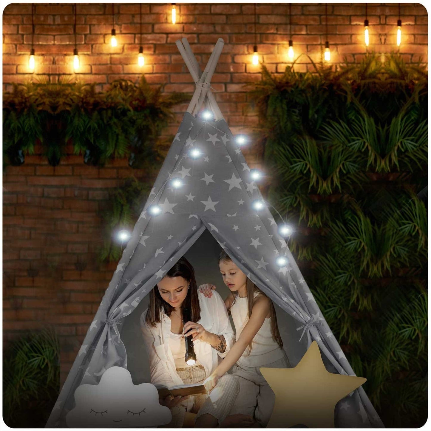 Children's Tipi Tent with Light String Nukido - Gray with Stars