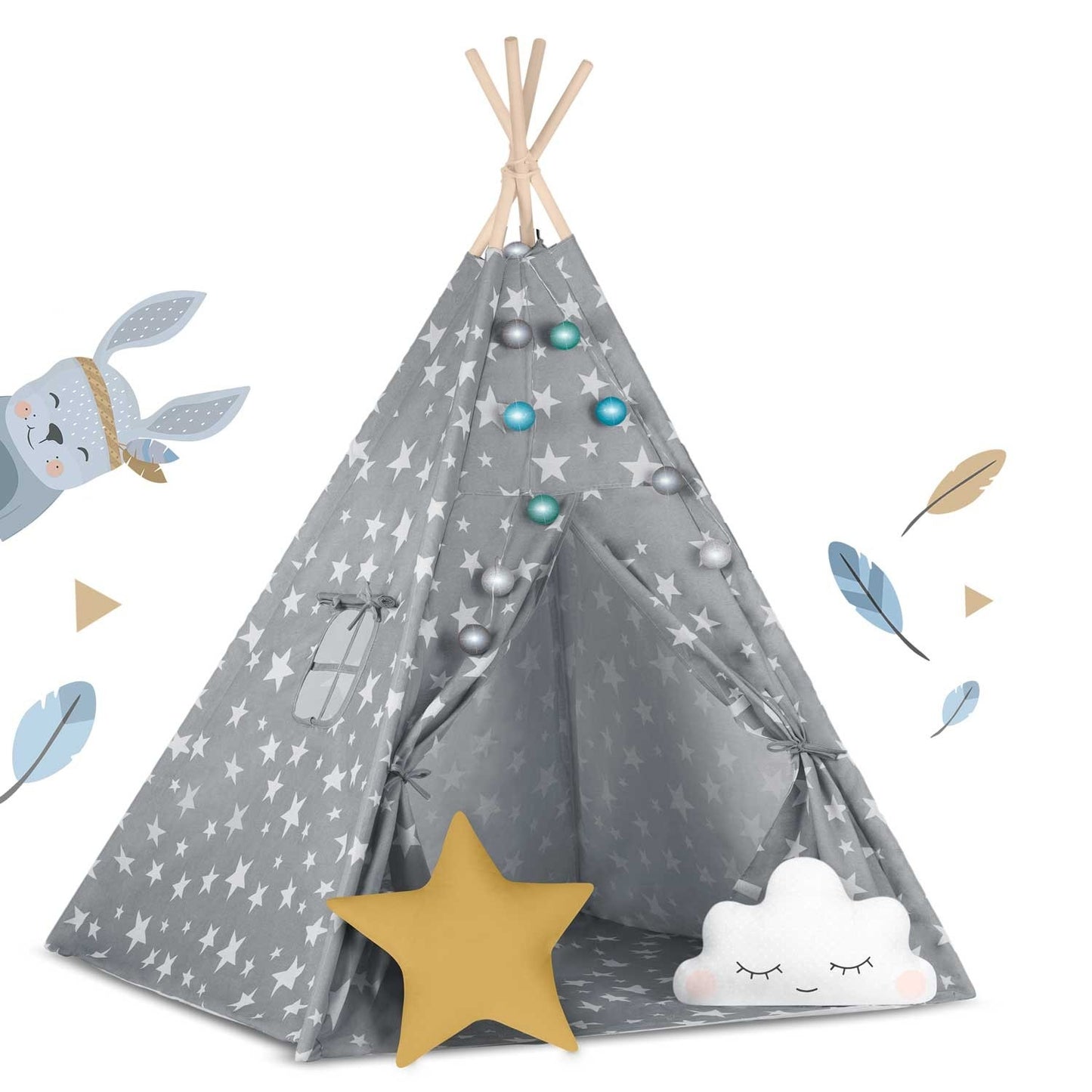 Children's Tipi Tent with Light String Nukido - Gray with Stars