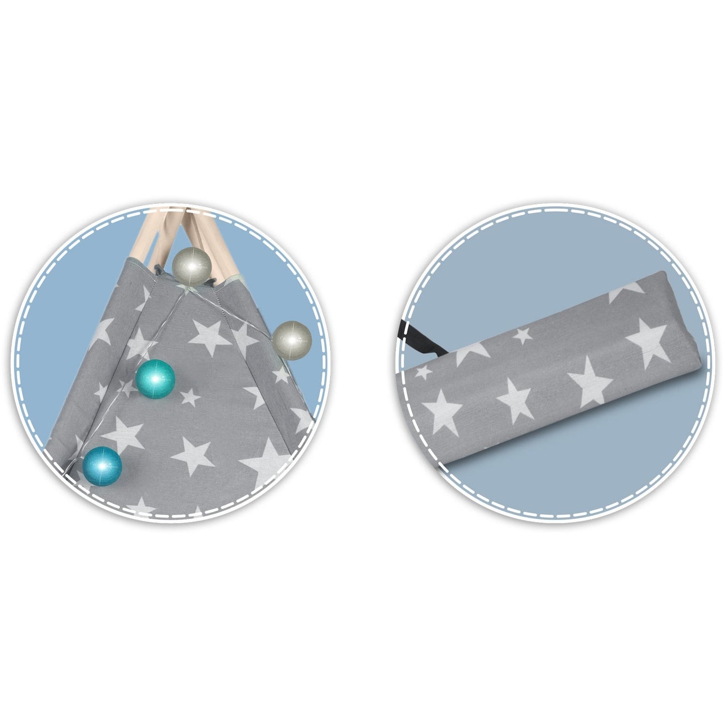 Children's Tipi Tent with Light String Nukido - Gray with Stars