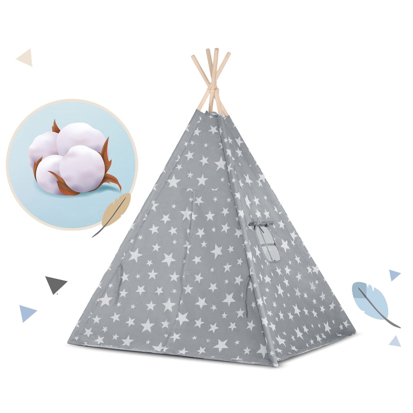 Children's Tipi Tent with Light String Nukido - Gray with Stars